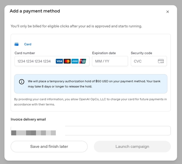 Add a payment method แล้วกด Launch campaign